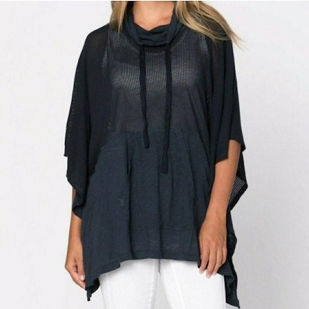 XCVI Wearables Thera Cotton Modal Mesh Paneled Pullover Poncho Lagenlook Navy 1X